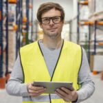 Працівник виробництва czlowiek z logistyka pracy tabletu