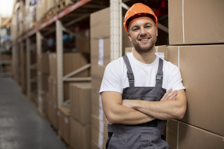 medium shot smiley man logistic warehouse